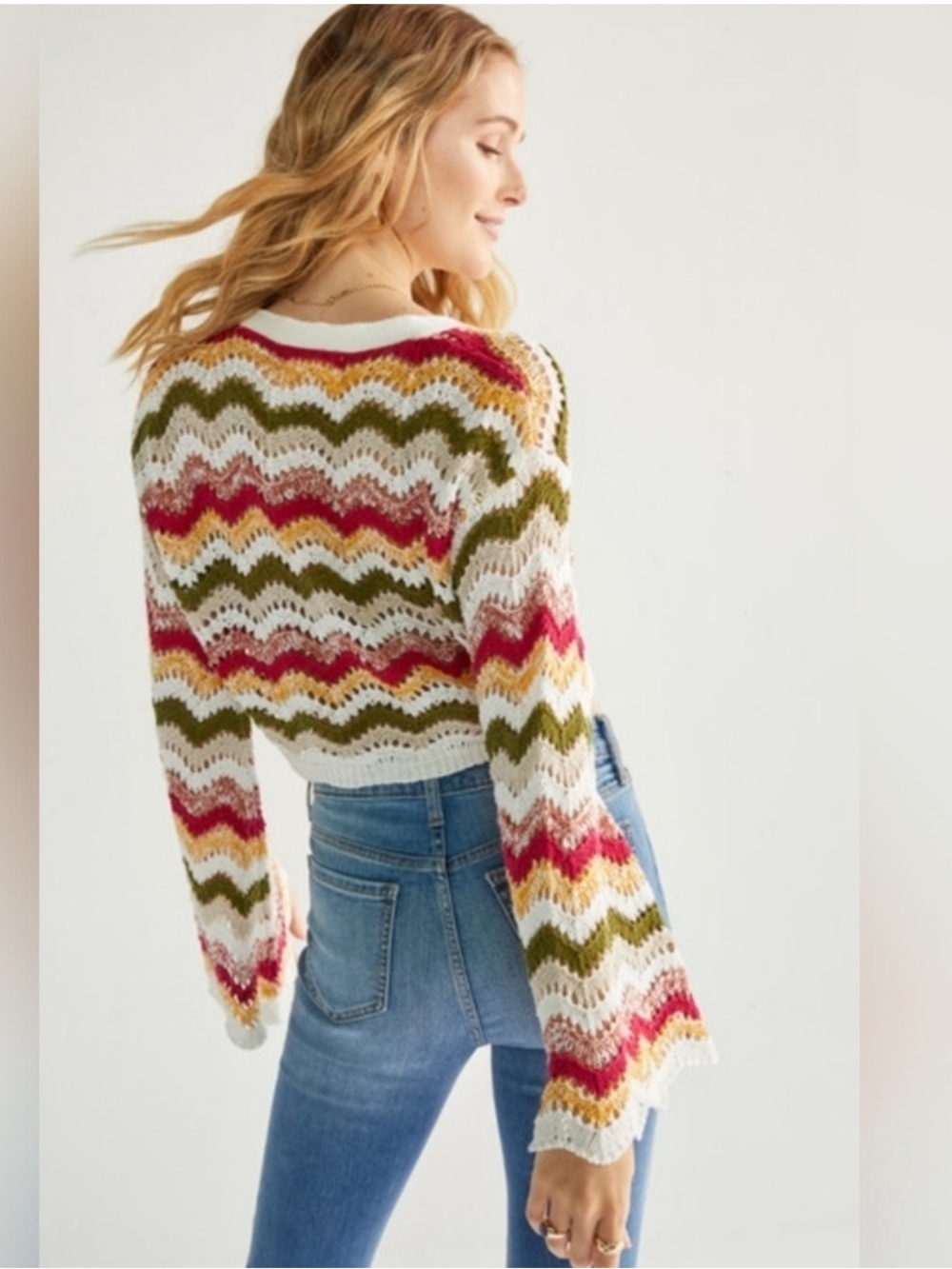 Crochet Tie-Front Cardigan in Cream with Olive, Pink & Gold Chevron - Picture 2 of 12